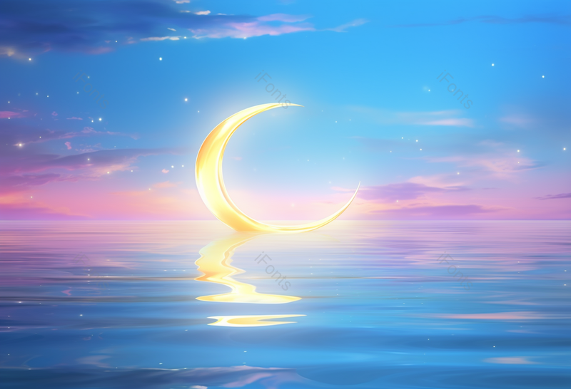 美丽的夜空下,月亮躺在海平面上发出光茫并倒映在海面上插画背景,插画/手绘图,插画/手绘图库,插画/手绘图下载,插画/手绘